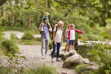 Hiking Family Family of 5 hiking on a path by a river